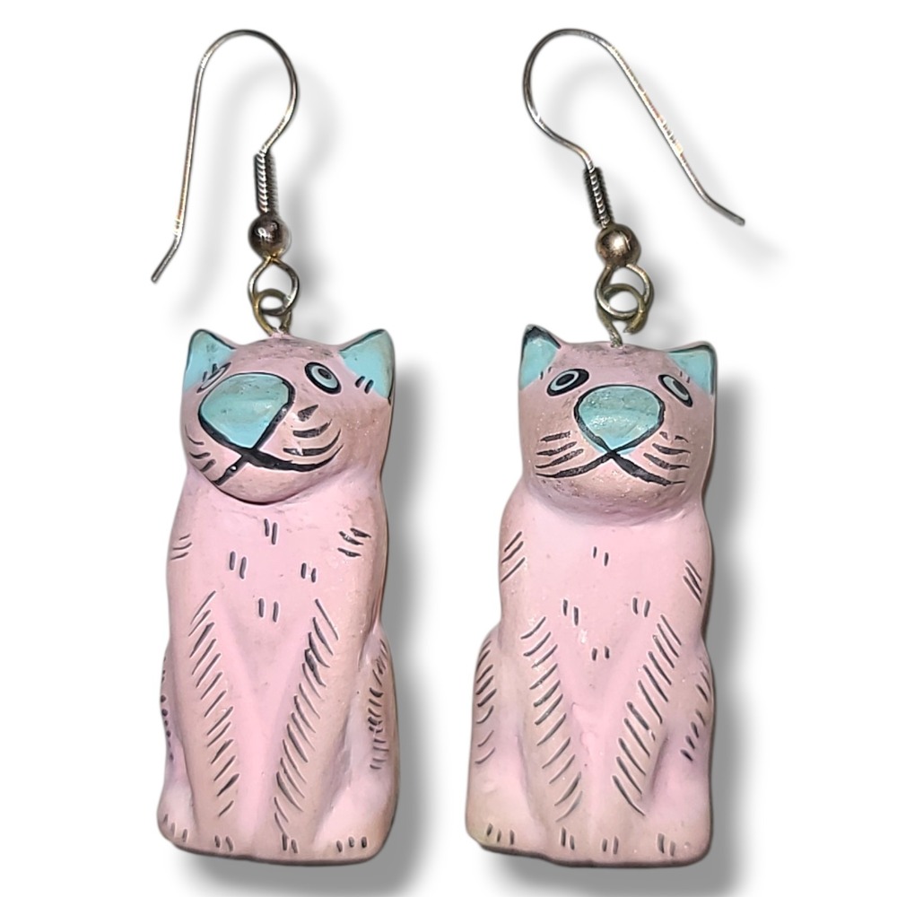 Vintage 80s Pink Cat Dangle Earrings Hand Painted Ceramic Kitty Cute Novelty